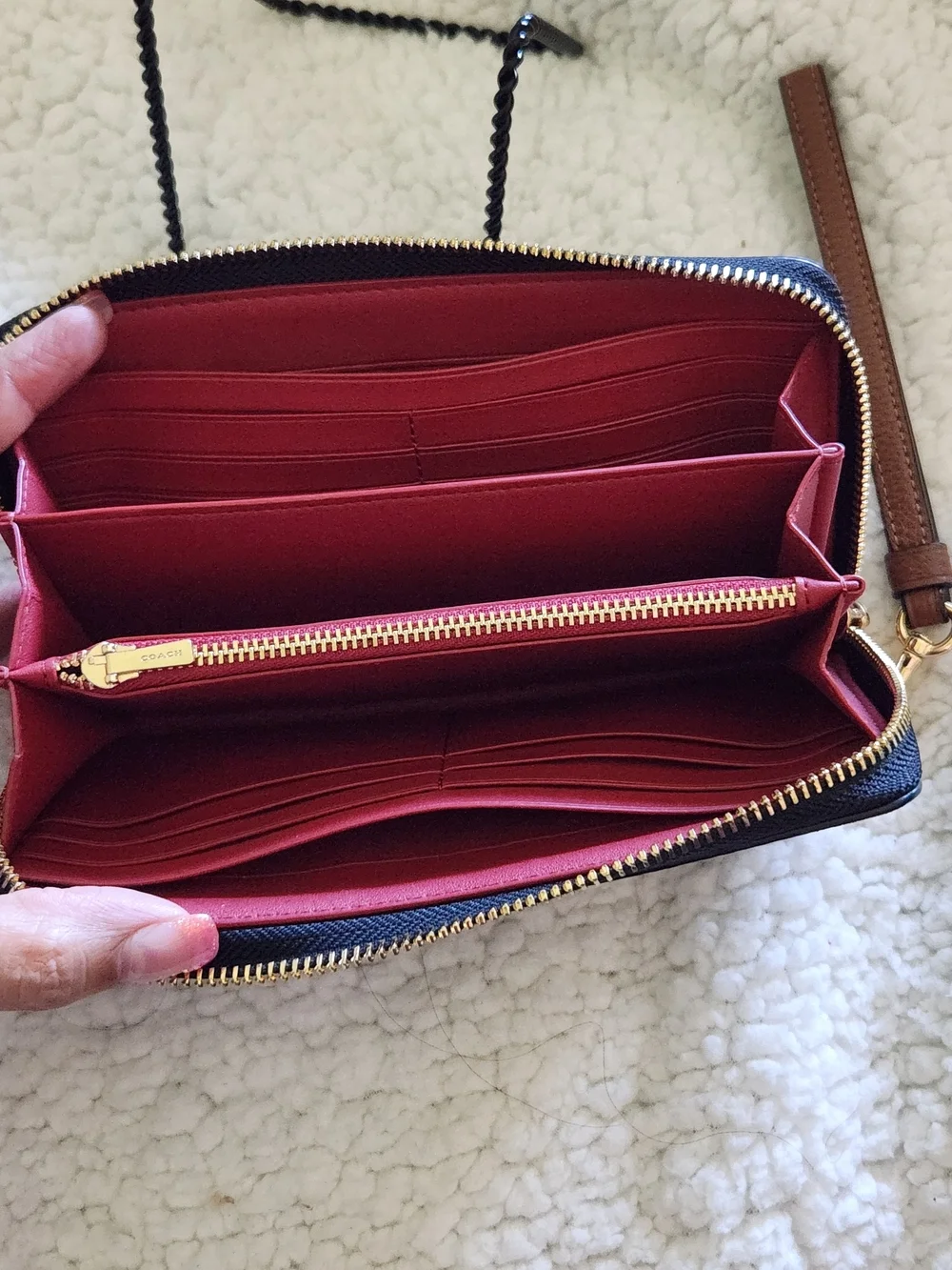 Coach Black Pebbled Leather Wallet/Wristlet with Brown Strap
